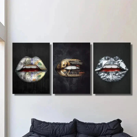3pcs unique money art, gold standard lips, Metal Print Ready to Hang Art