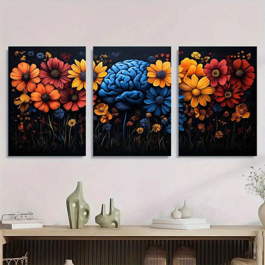 3pcs Floral Brain Painting Colourful Metal Print Ready to Hang Art