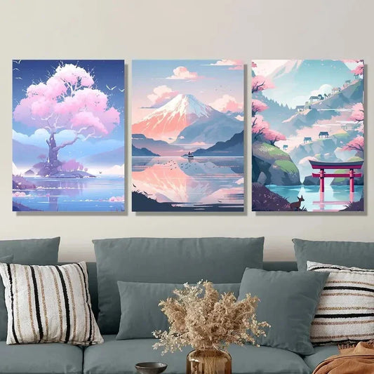 3pcs  Pink trees by the lake, cherry blossoms   Metal Print Ready to Hang Art