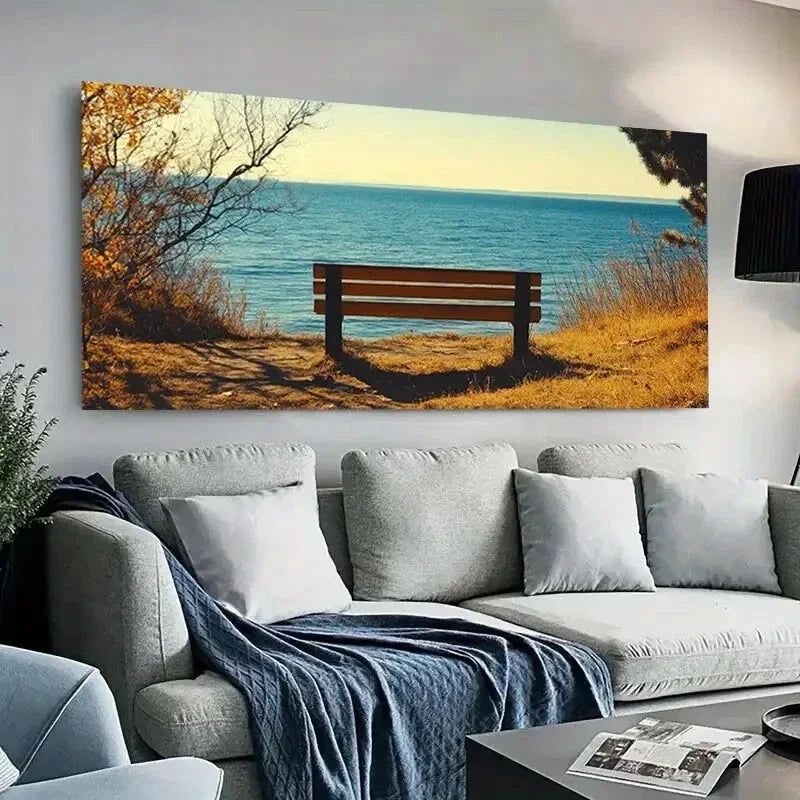 Lone Wooden Bench Beach wall canvas office home room framed 120x60cm