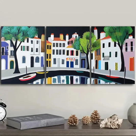 3pcs Ancient city canal Art Painting Metal Print Ready to Hang Art