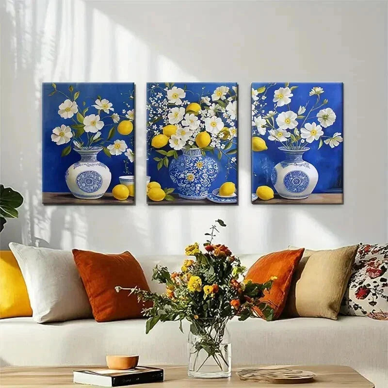 3pcs Blue and White Porcelain Bright Perfect Wall Art Set Canvas Framed 40x60cm - High Quality Print 100% Australian Made Wall Canvas Ready to Hang