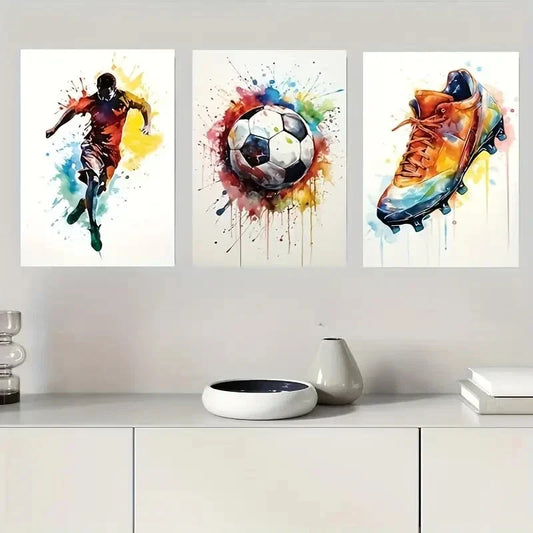 3pcs Vibrant Football, Ball, and Cleat Metal Print Ready to Hang Art