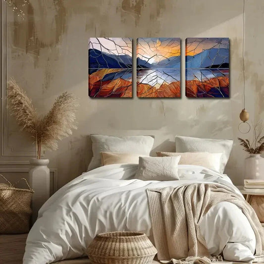 3pcs Cracked Sunrise Over a Mountain Lake Wall Art Set Canvas Framed 40x60cm - High Quality Print 100% Australian Made Wall Canvas Ready to Hang