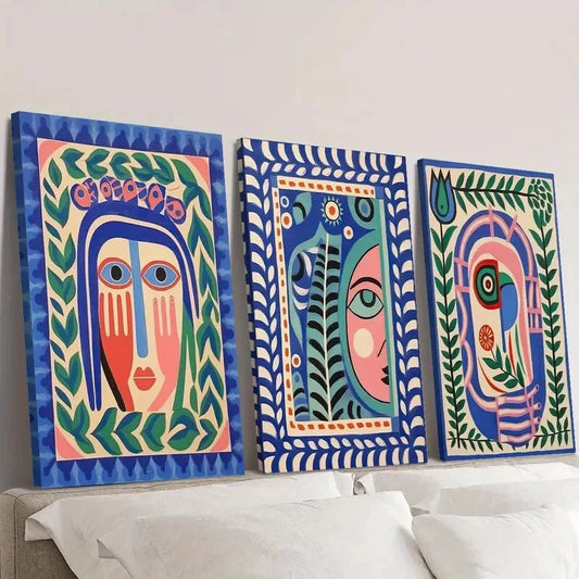 3pcs  Art Deco Folk Abstract Face   Wall Art Set Canvas Framed 40x60cm - High Quality Print 100% Australian Made Wall Canvas Ready to Hang