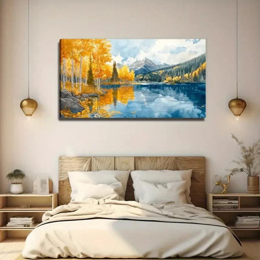 Golden Birch Trees Lake Wall Art Canvas Office Home Room Framed 80x45cm