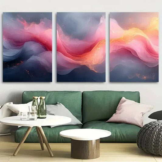 3pcs Abstract Pastel Pink and Gray Flowing Curves Metal Print Ready to Hang Art