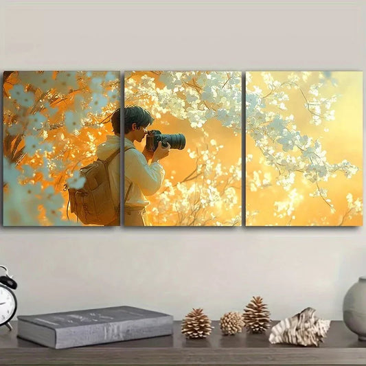 3pcs  Male Cameraman Holding Camera Flowers    Wall Art Set Canvas Framed 40x60cm - High Quality Print 100% Australian Made Wall Canvas Ready to Hang