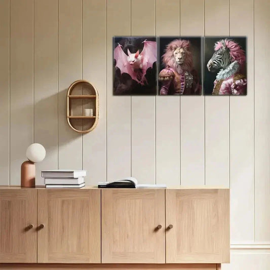 3pcs Pink Haired Zebra Pink Flying Bat Vintage Metal Print Ready to Hang Art