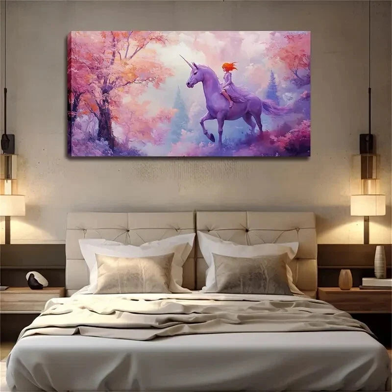 Fairy on Purple Unicorn Cherry Wall Art Canvas Office Home Room Framed 120x60cm
