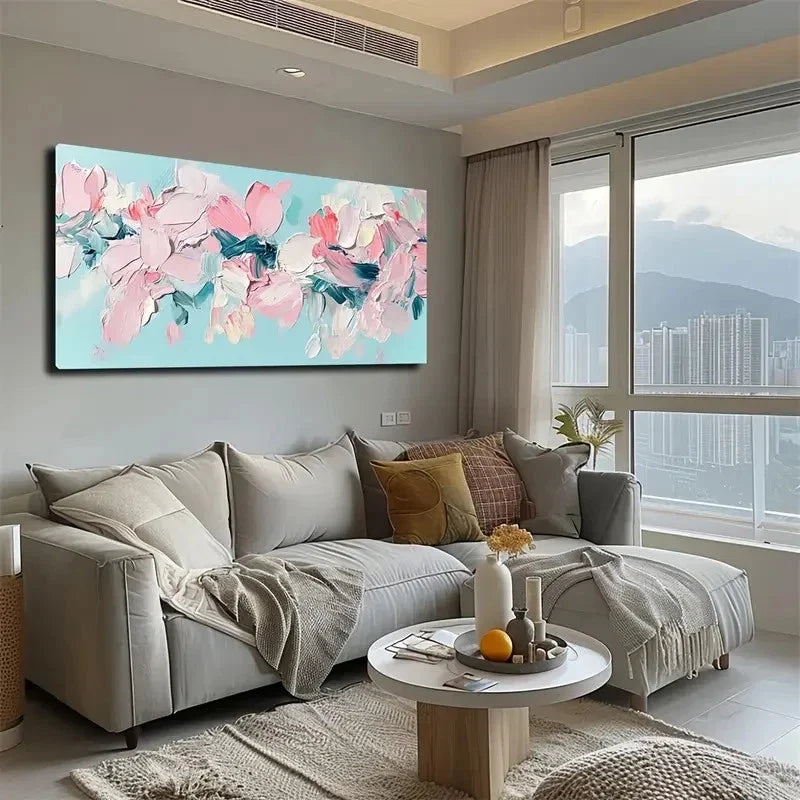 Pink & Blue Abstract Painting Wall Art canvas office home room framed 120x60cm