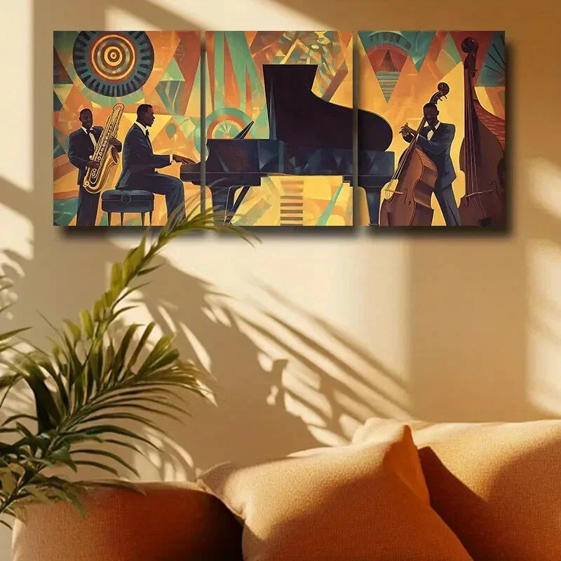 3pcs Jazz Band Performance with Vibrant Geometric Metal Print Ready to Hang Art