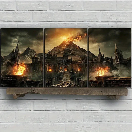 3pcs Volcanic Eruption Stunning Golden Fire Metal Print Ready to Hang Art