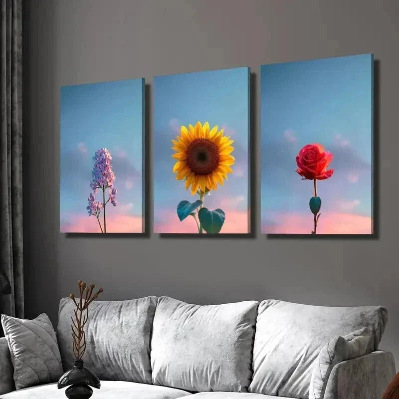 3pcs Purple Lilac Sunflower Rose and Fresh Sky Wall Art Set Canvas Framed 40x60cm - High Quality Print 100% Australian Made Wall Canvas Ready to Hang