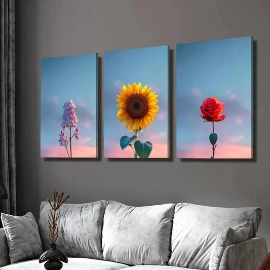 3pcs Purple Lilac Sunflower Rose and Fresh Sky Wall Art Set Canvas Framed 40x60cm - High Quality Print 100% Australian Made Wall Canvas Ready to Hang