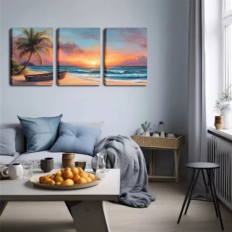 3pcs Sunshine, Beach, Small Boat, Triptych  Wall Art Set Canvas Framed 40x60cm - High Quality Print 100% Australian Made Wall Canvas Ready to Hang