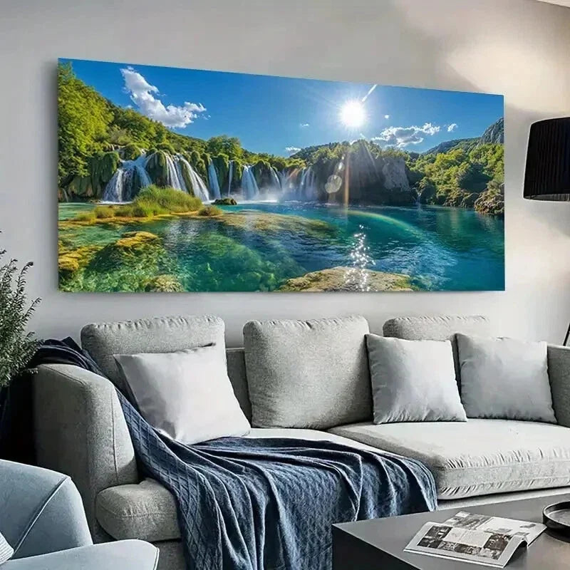 Lush Greenery & Sunlit Waters Wall Art Canvas Office Home Room Framed 80x45cm