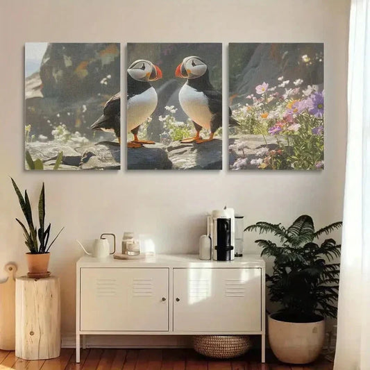 3pcs Vibrant Sea Parrot on Rocky Shoreline Metal Print Ready to Hang Art