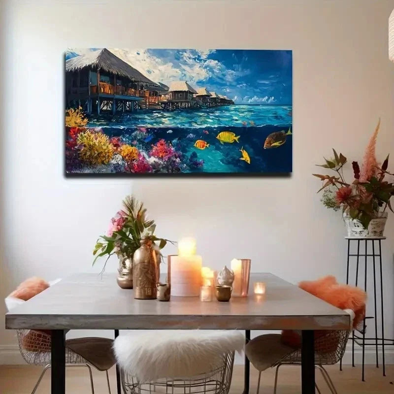 Tropical Beach Villa Wall Art Canvas Office Home Room Framed 80x45cm