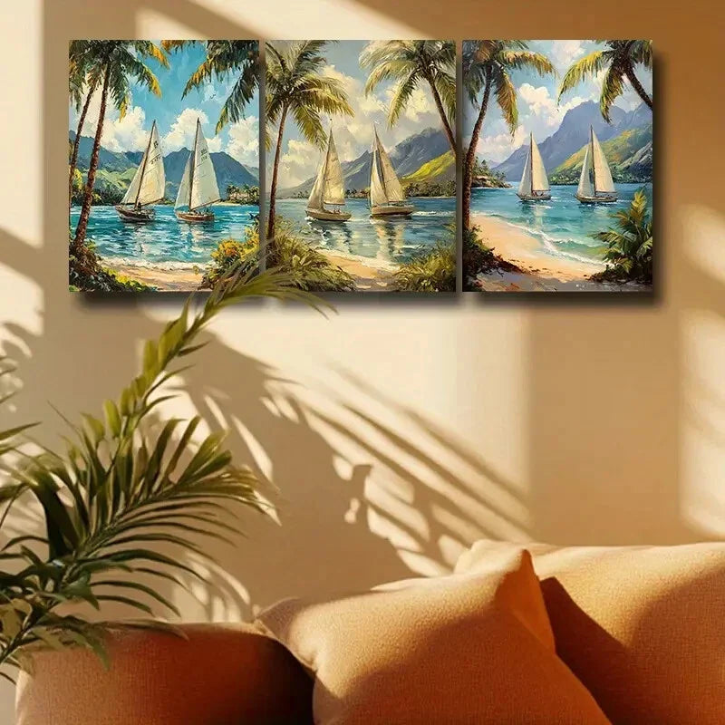 3pcs Vibrant Beach & Mountain Scene with Sailboat Metal Print Ready to Hang Art