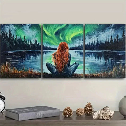 3pcs Northern Lights & Silhouette, Aurora Art  Metal Print Ready to Hang Art