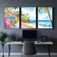 3pcs Coastal Cityscape, Watercolor style Tropical Metal Print Ready to Hang Art