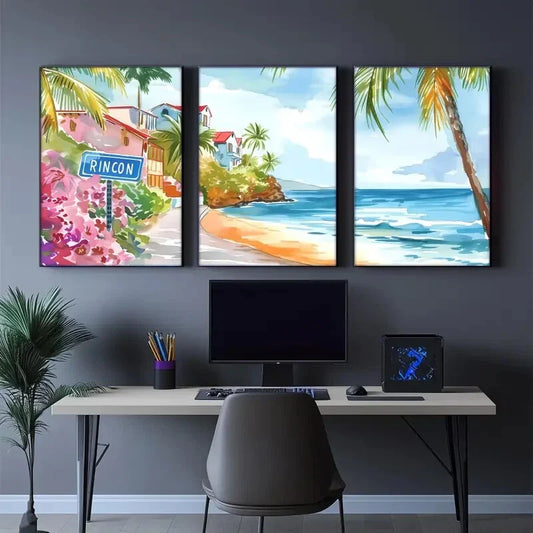 3pcs Coastal Cityscape, Watercolor style Tropical Metal Print Ready to Hang Art