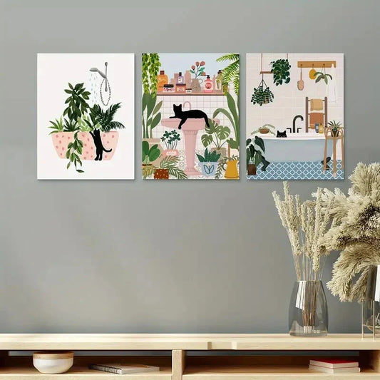 3pcs Minimal Botanical Bath tub & House Plant Metal Print Ready to Hang Art