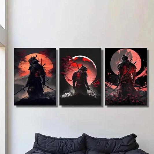 3pcs Samurai Wielding a Katana, Metal Print Ready to Hang Art