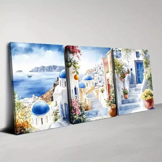 3pcs Beautiful Santorini with Floral & Lake View  Wall Art Set Canvas Framed 40x60cm - High Quality Print 100% Australian Made Wall Canvas Ready to Hang