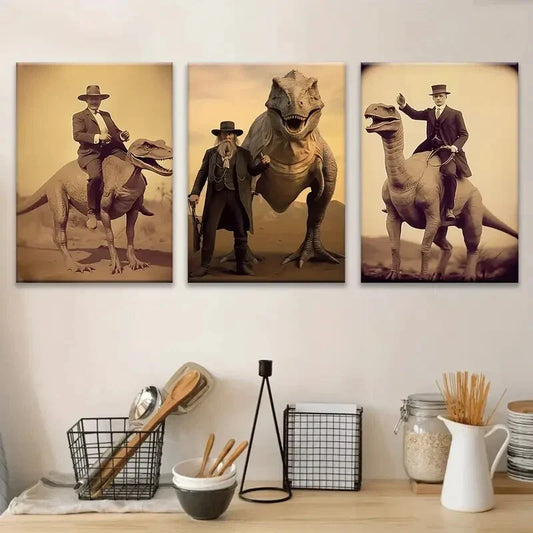 3pcs Vintage Dinosaur Cowboy, Vintage Jurassic Metal Print Ready to Hang Art
