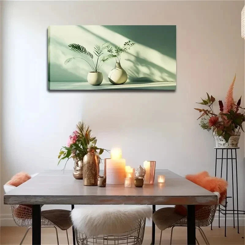 Two Potted Plants on Green Back Wall Art Canvas Office Home Room Framed 120x60cm