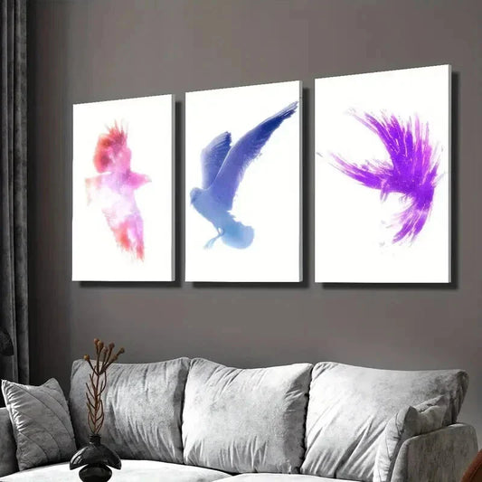 3pcs Colorful Pigeon & Crow Illustrations Wall Art Set Canvas Framed 40x60cm - High Quality Print 100% Australian Made Wall Canvas Ready to Hang