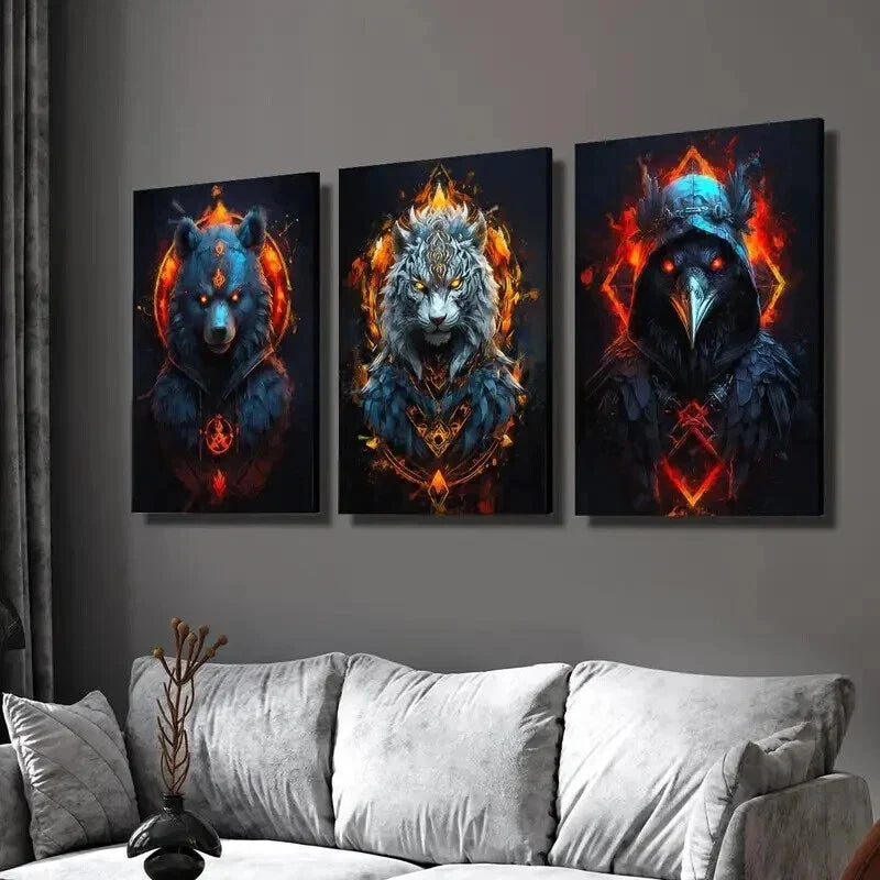 3pcs Fantasy Golden Red Flaming Ferocious Animal Wall Art Set Canvas Framed 40x60cm - High Quality Print 100% Australian Made Wall Canvas Ready to Hang
