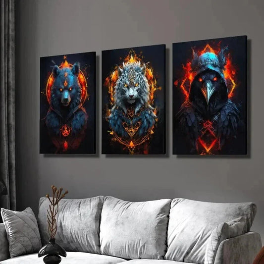 3pcs Fantasy Golden Red Flaming Ferocious Animal Wall Art Set Canvas Framed 40x60cm - High Quality Print 100% Australian Made Wall Canvas Ready to Hang