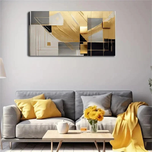 Abstract Geometric Shapes Gold Wall Art Canvas Office Home Room Framed 120x60cm