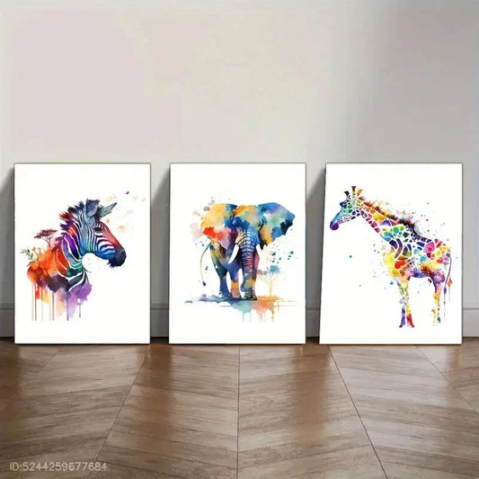 3pcs Artistic Elephant Giraffe Zebra Zoo Metal Print Ready to Hang Art