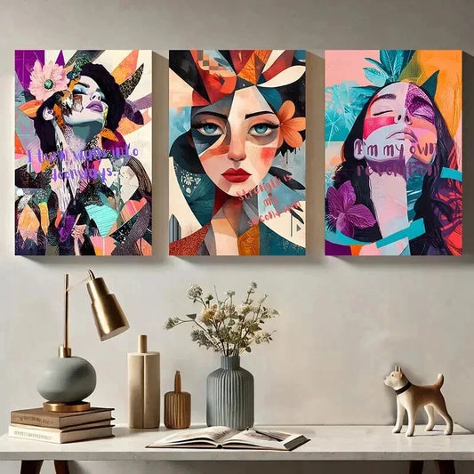 3pcs Abstract Geometric Woman Portrait Wall Art Set Canvas Framed 40x60cm - High Quality Print 100% Australian Made Wall Canvas Ready to Hang