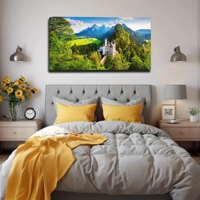 Castle In The Valley Wall Art Canvas Office Home Room Framed 80x45cm