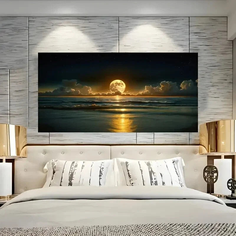 Vintage Moonlight Seascape wall canvas office home room framed 120x60cm