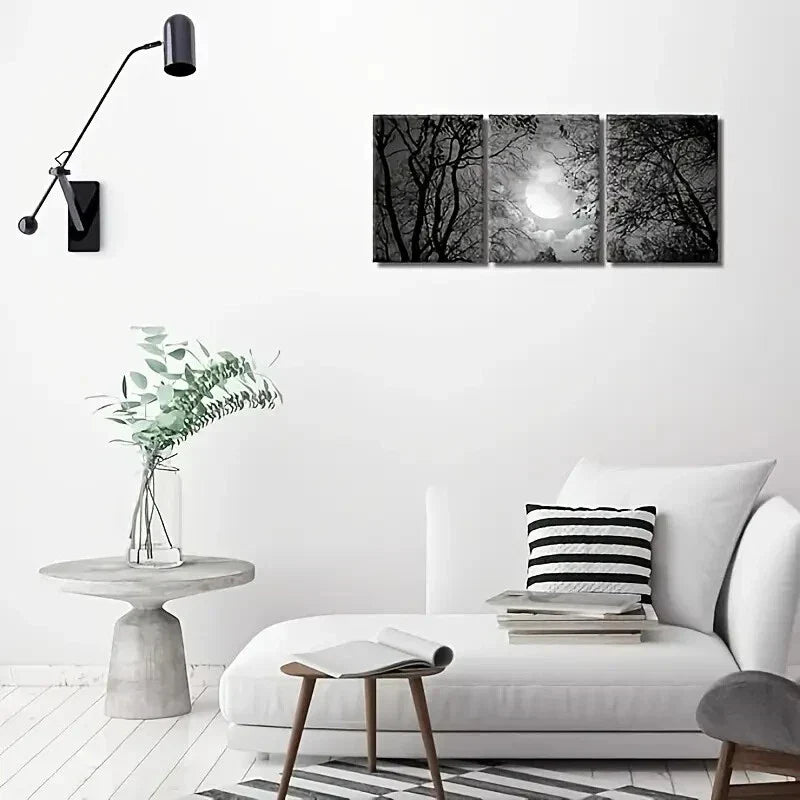 3pcs Black And White Full Moon Over a Forest Metal Print Ready to Hang Art