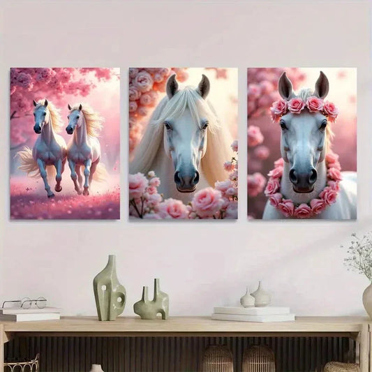 3pcs Beautiful Horse Pink Floral Background Metal Print Ready to Hang Art