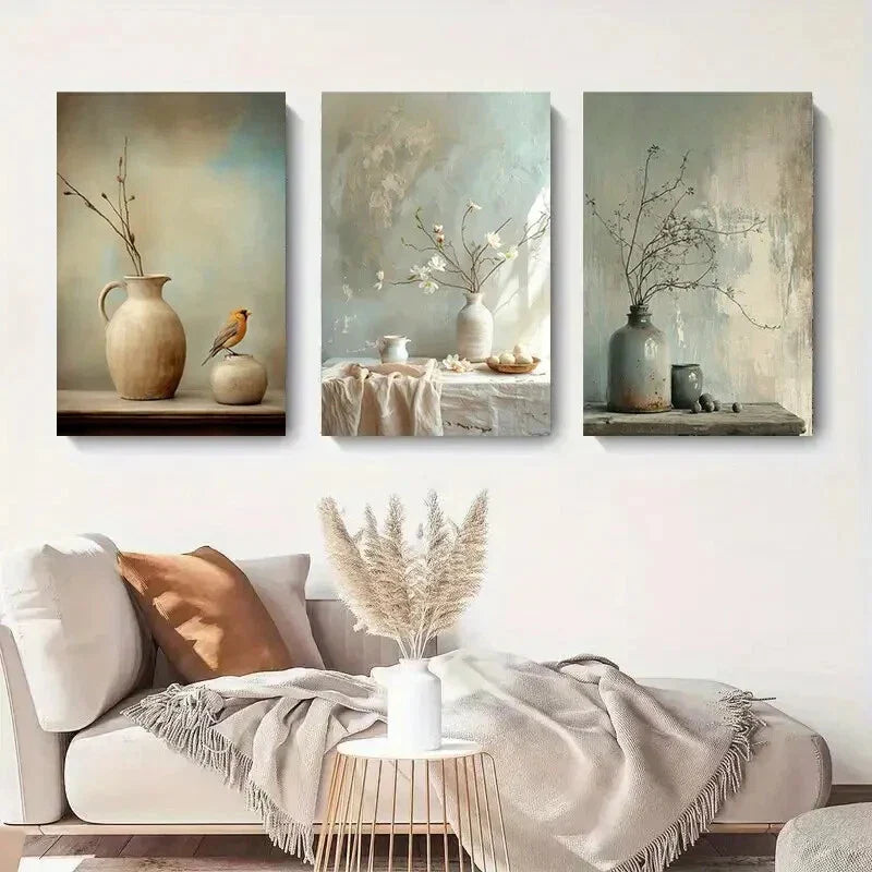 3pcs Vintage Floral Vase And Bird Soft Pastel Metal Print Ready to Hang Art