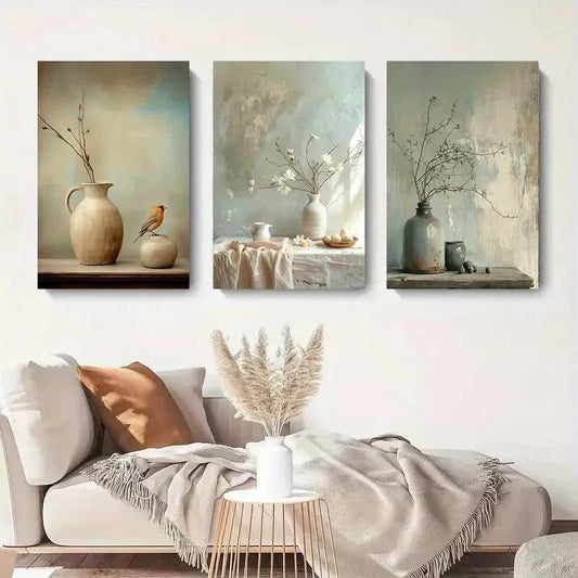3pcs Vintage Floral Vase And Bird Soft Pastel Metal Print Ready to Hang Art