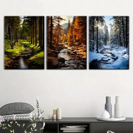 3pcs season pine forest scene  Metal Print Ready to Hang Art