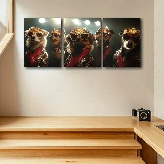 3pcs Stylish Dogs in Fashion Glasses & Golden Hats Metal Print Ready to Hang Art