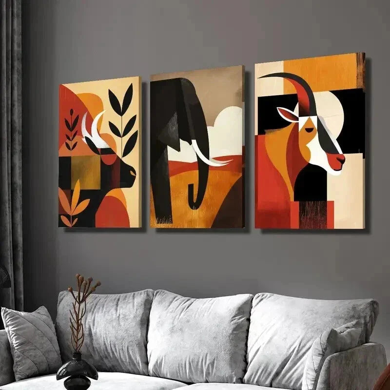 3pcs Cattle Goat & Elephant Geometric Design Wall Art Set Canvas Framed 40x60cm - High Quality Print 100% Australian Made Wall Canvas Ready to Hang