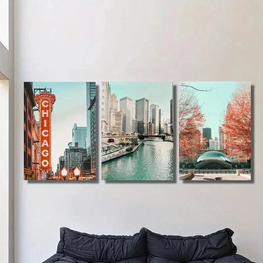 3pcs Autumn Leaves, City Architecture, Chicago Metal Print Ready to Hang Art