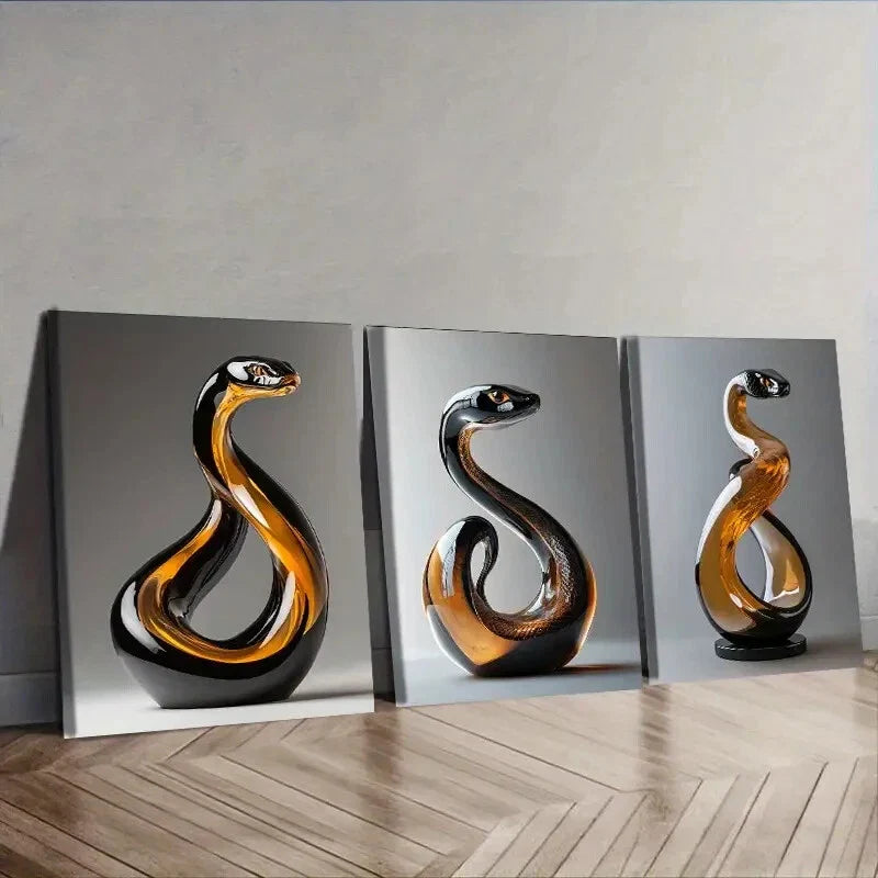 3pcs  Elegant Snake Glass Sculpture Wall Art Set Canvas Framed 40x60cm - High Quality Print 100% Australian Made Wall Canvas Ready to Hang