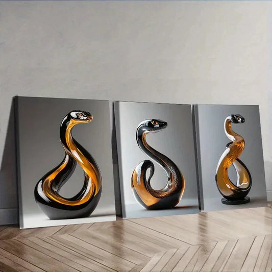 3pcs  Elegant Snake Glass Sculpture Wall Art Set Canvas Framed 40x60cm - High Quality Print 100% Australian Made Wall Canvas Ready to Hang